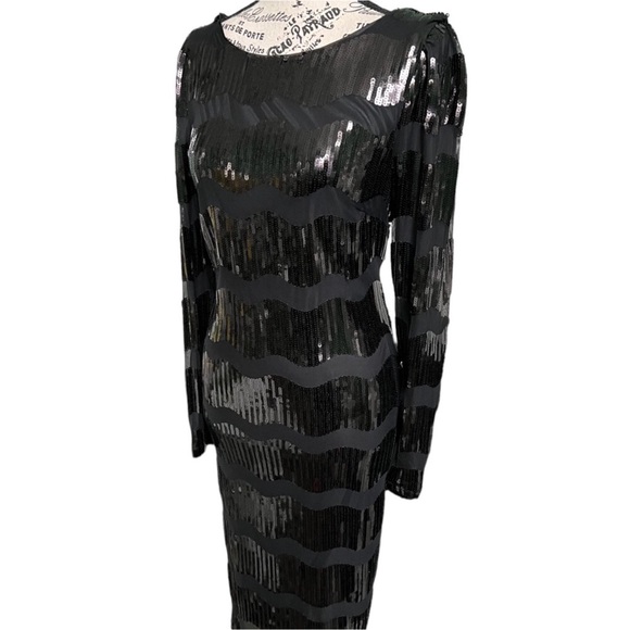 Anthro NANETTE LEPORE Black Wavy Sequin Striped Long Sleeve Dress - Picture 7 of 16